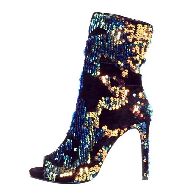 Sexy Colorful Sequins Peep Toe Socks Boots Shoes Side Zipper Bling Bling Paillette Stiletto Boots Real Photo Ankle Bootie
