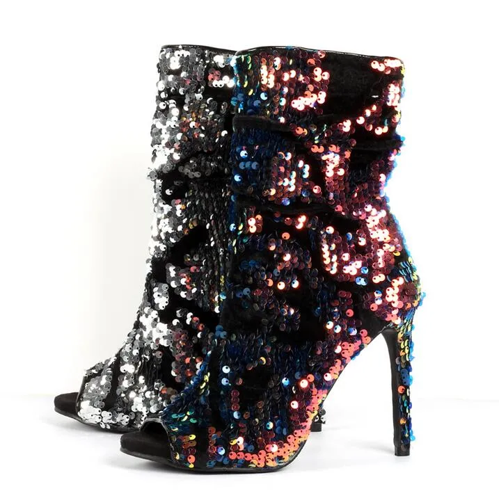 Sexy Colorful Sequins Peep Toe Socks Boots Shoes Side Zipper Bling Bling Paillette Stiletto Boots Real Photo Ankle Bootie
