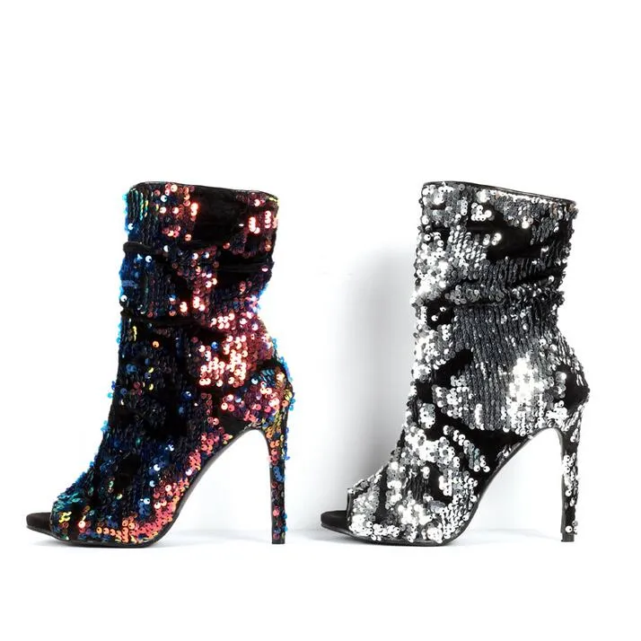 Sexy Colorful Sequins Peep Toe Socks Boots Shoes Side Zipper Bling Bling Paillette Stiletto Boots Real Photo Ankle Bootie