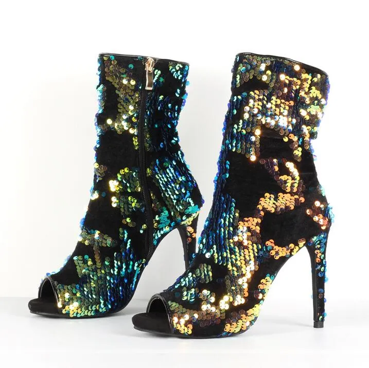Sexy Colorful Sequins Peep Toe Socks Boots Shoes Side Zipper Bling Bling Paillette Stiletto Boots Real Photo Ankle Bootie