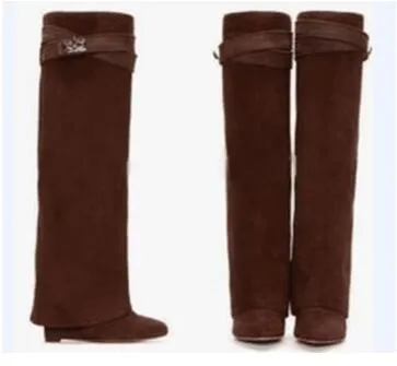 Sexy Suede Shark Lock Fold-Over Thigh High Belted Boots Pointed Toe Covered Wedge Heel Winter Boots Women Plus Size 43