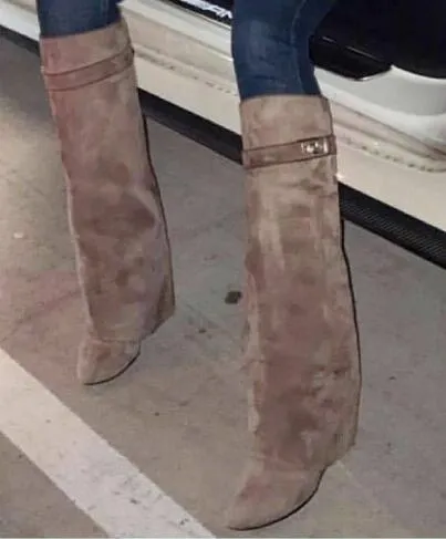 Sexy Suede Shark Lock Fold-Over Thigh High Belted Boots Pointed Toe Covered Wedge Heel Winter Boots Women Plus Size 43