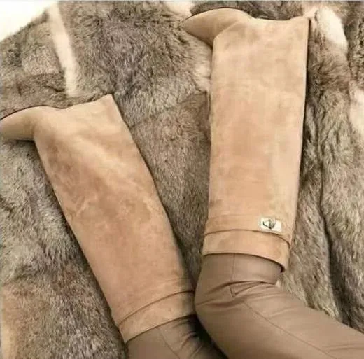 Sexy Suede Shark Lock Fold-Over Thigh High Belted Boots Pointed Toe Covered Wedge Heel Winter Boots Women Plus Size 43
