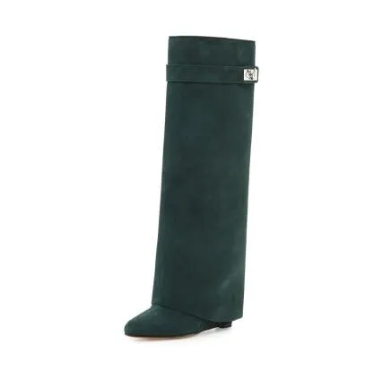 Sexy Suede Shark Lock Fold-Over Thigh High Belted Boots Pointed Toe Covered Wedge Heel Winter Boots Women Plus Size 43
