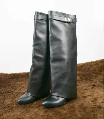 Sexy Suede Shark Lock Fold-Over Thigh High Belted Boots Pointed Toe Covered Wedge Heel Winter Boots Women Plus Size 43