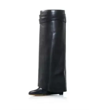 Sexy Suede Shark Lock Fold-Over Thigh High Belted Boots Pointed Toe Covered Wedge Heel Winter Boots Women Plus Size 43