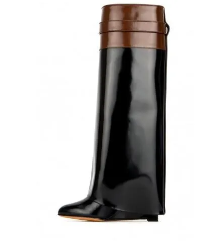 Sexy Suede Shark Lock Fold-Over Thigh High Belted Boots Pointed Toe Covered Wedge Heel Winter Boots Women Plus Size 43