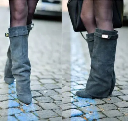 Sexy Suede Shark Lock Fold-Over Thigh High Belted Boots Pointed Toe Covered Wedge Heel Winter Boots Women Plus Size 43