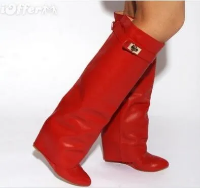 Sexy Suede Shark Lock Fold-Over Thigh High Belted Boots Pointed Toe Covered Wedge Heel Winter Boots Women Plus Size 43