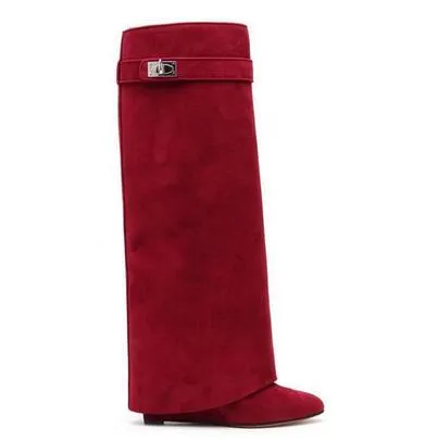 Sexy Suede Shark Lock Fold-Over Thigh High Belted Boots Pointed Toe Covered Wedge Heel Winter Boots Women Plus Size 43