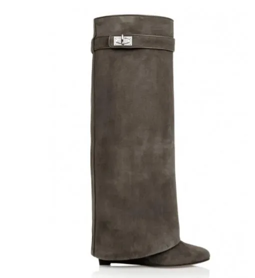 Sexy Suede Shark Lock Fold-Over Thigh High Belted Boots Pointed Toe Covered Wedge Heel Winter Boots Women Plus Size 43