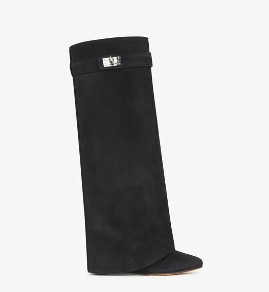 Sexy Suede Shark Lock Fold-Over Thigh High Belted Boots Pointed Toe Covered Wedge Heel Winter Boots Women Plus Size 43