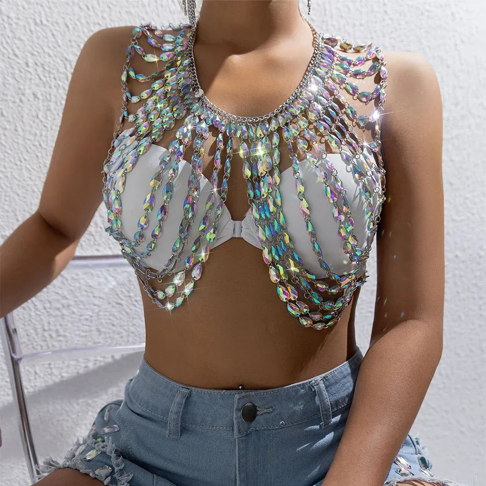 Shiny Colorful Gem Chic Multilayer Tassel Crystal Body Chain