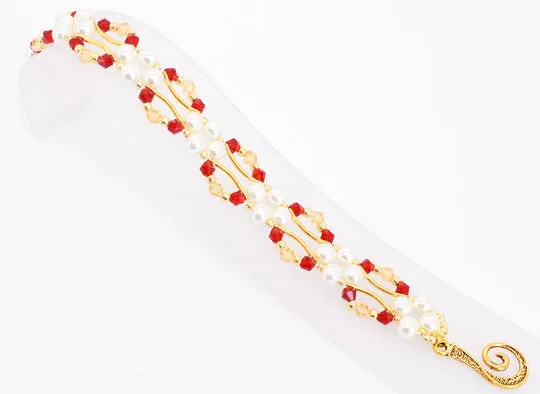 Siam Red and Gold Crystal and Pearl Hex Block Link Bracelet
