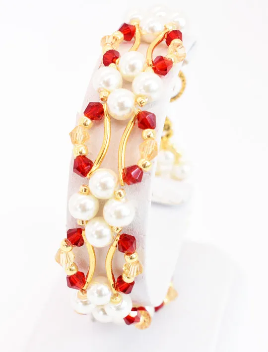 Siam Red and Gold Crystal and Pearl Hex Block Link Bracelet