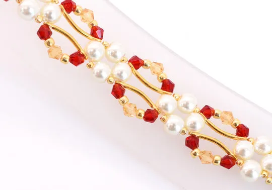 Siam Red and Gold Crystal and Pearl Hex Block Link Bracelet