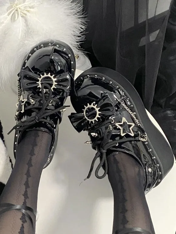 Steampunk Lolita Boots Black Bows Round Toe PU Leather Lolita Footwear