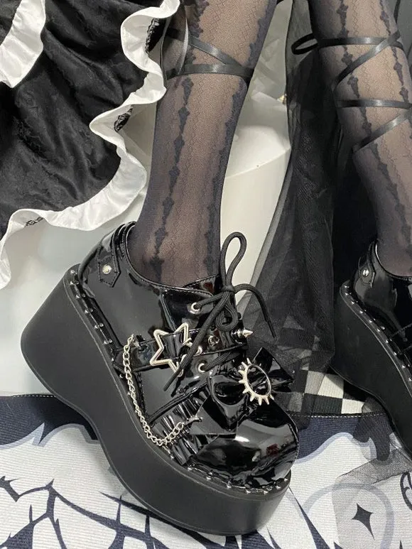 Steampunk Lolita Boots Black Bows Round Toe PU Leather Lolita Footwear