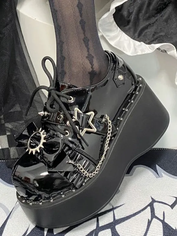 Steampunk Lolita Boots Black Bows Round Toe PU Leather Lolita Footwear