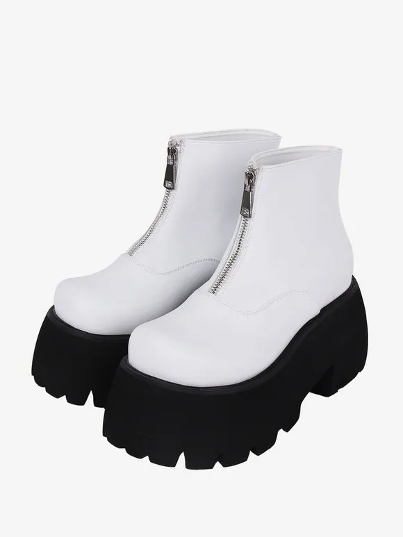 Steampunk Lolita Boots White Metal Details Metallic Round Toe PU Leather Lolita Footwear