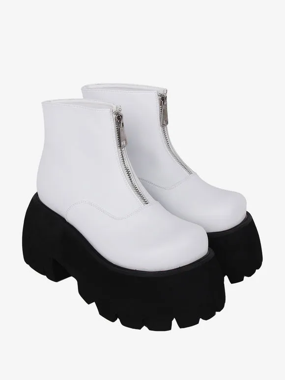 Steampunk Lolita Boots White Metal Details Metallic Round Toe PU Leather Lolita Footwear