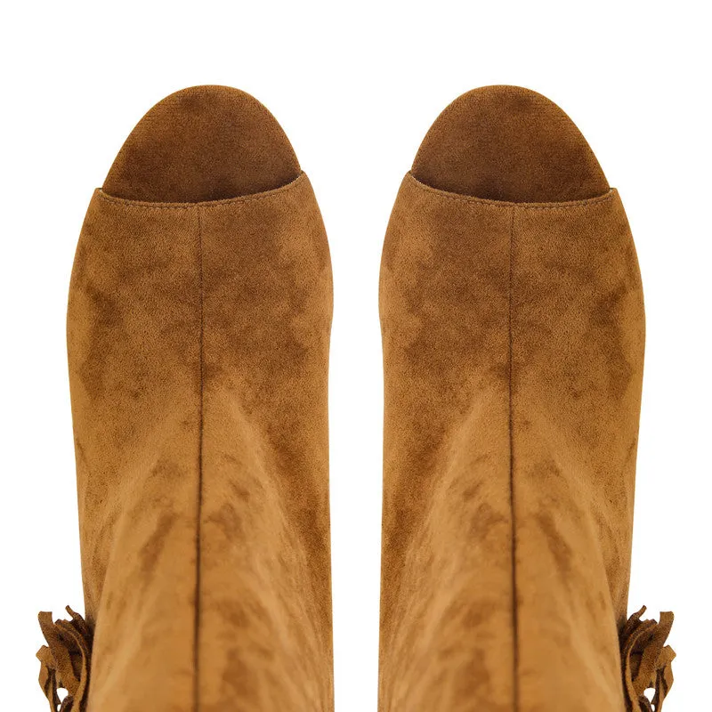 Suede Fringe Peep Toe boots Shaped Heel