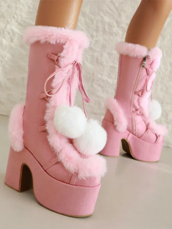 Sweet Lolita Boots Suede Nap Bows Round Toe White Lolita Footwear