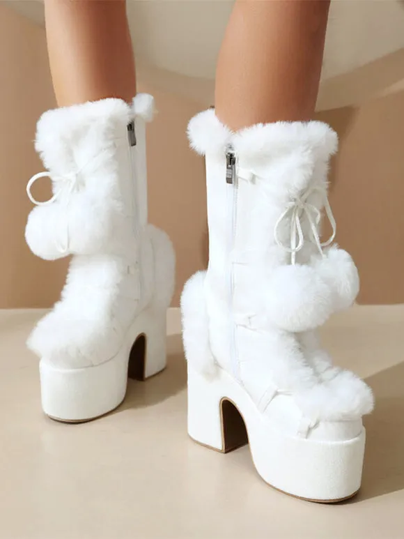 Sweet Lolita Boots Suede Nap Bows Round Toe White Lolita Footwear