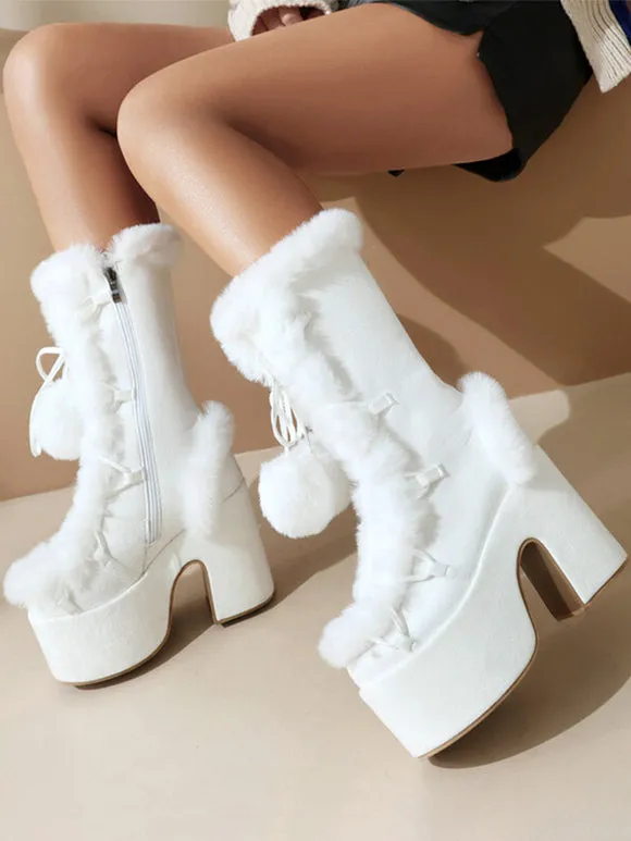 Sweet Lolita Boots Suede Nap Bows Round Toe White Lolita Footwear