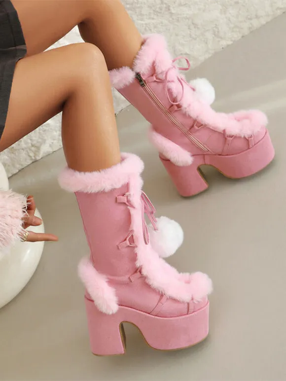 Sweet Lolita Boots Suede Nap Bows Round Toe White Lolita Footwear