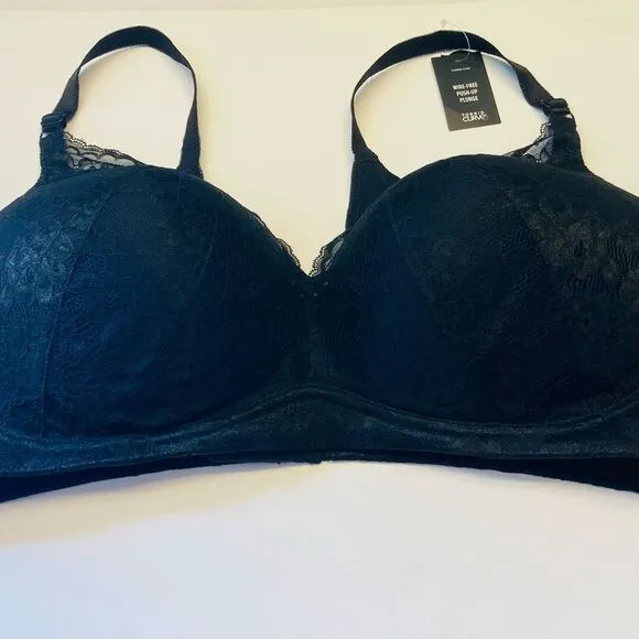 Torrid Curve Dream Wire Free Push Up Plunge Lace Bra Plus Size 44DD Black NEW