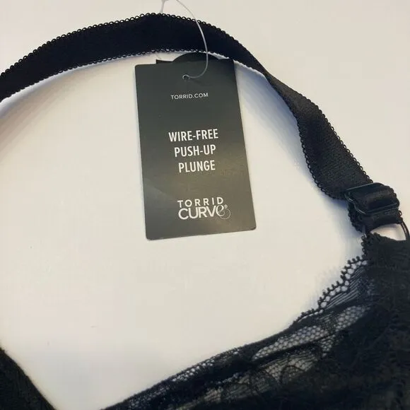 Torrid Curve Dream Wire Free Push Up Plunge Lace Bra Plus Size 44DD Black NEW