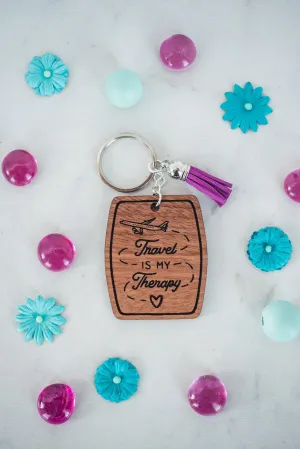 Travel is My Therapy Wood Keychain with Tassel