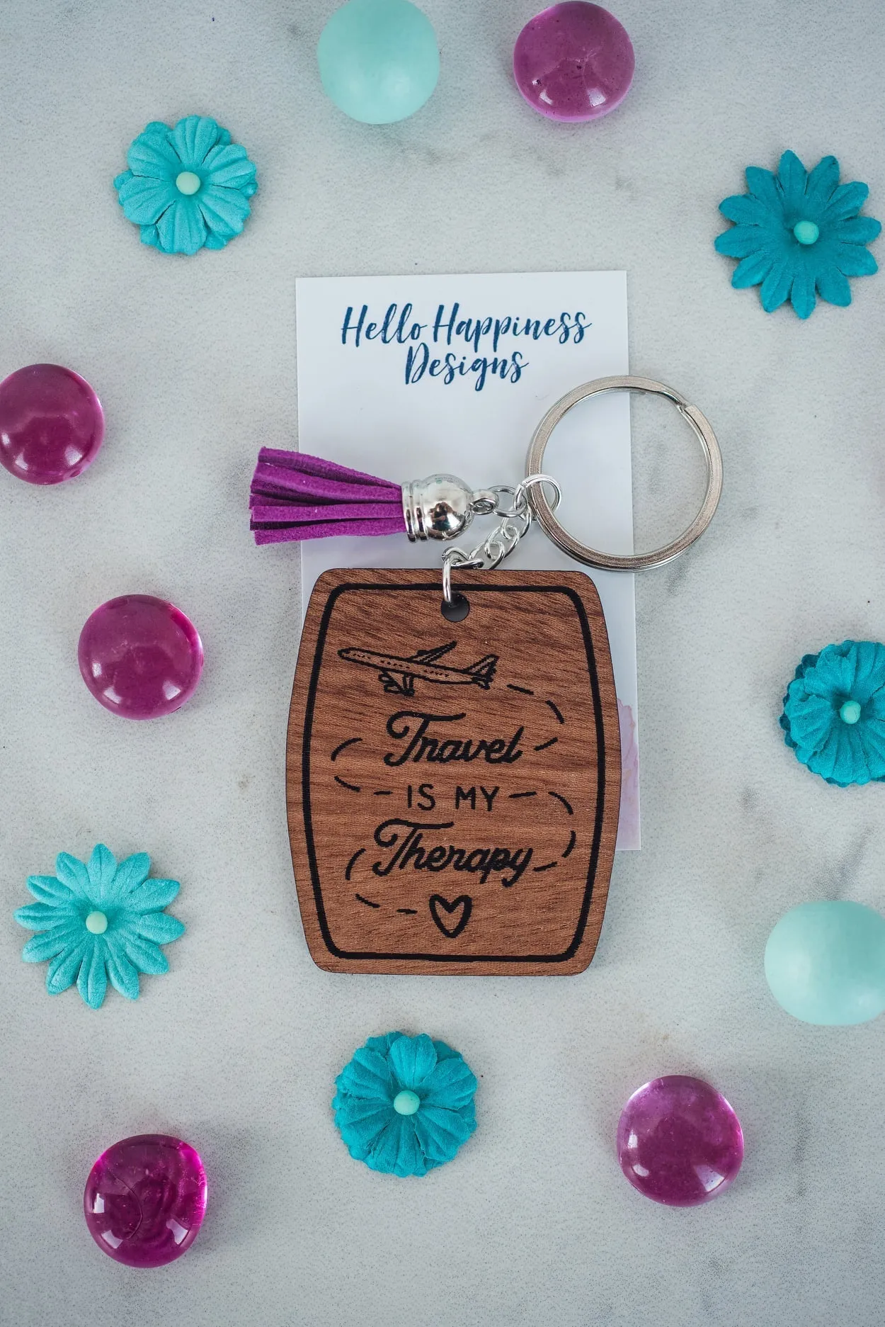 Travel is My Therapy Wood Keychain with Tassel