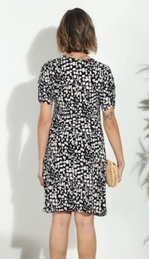 V Neck Shirred Front Short Sleeve Dress