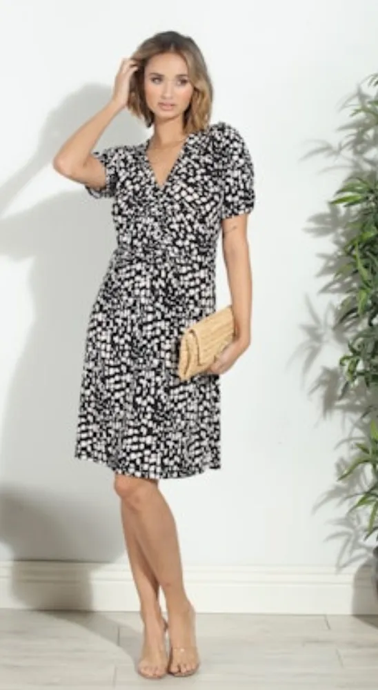 V Neck Shirred Front Short Sleeve Dress
