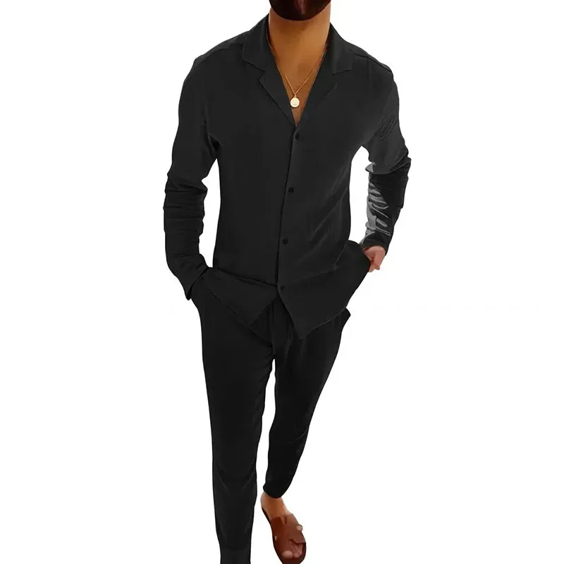 Vintage Charm Men's Cotton Lapel Ensemble – Long Sleeve Shirt and Pants Set for Timeless Casual Elegance