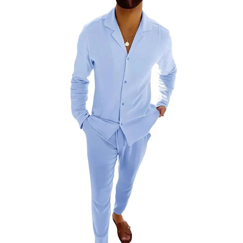 Vintage Charm Men's Cotton Lapel Ensemble – Long Sleeve Shirt and Pants Set for Timeless Casual Elegance