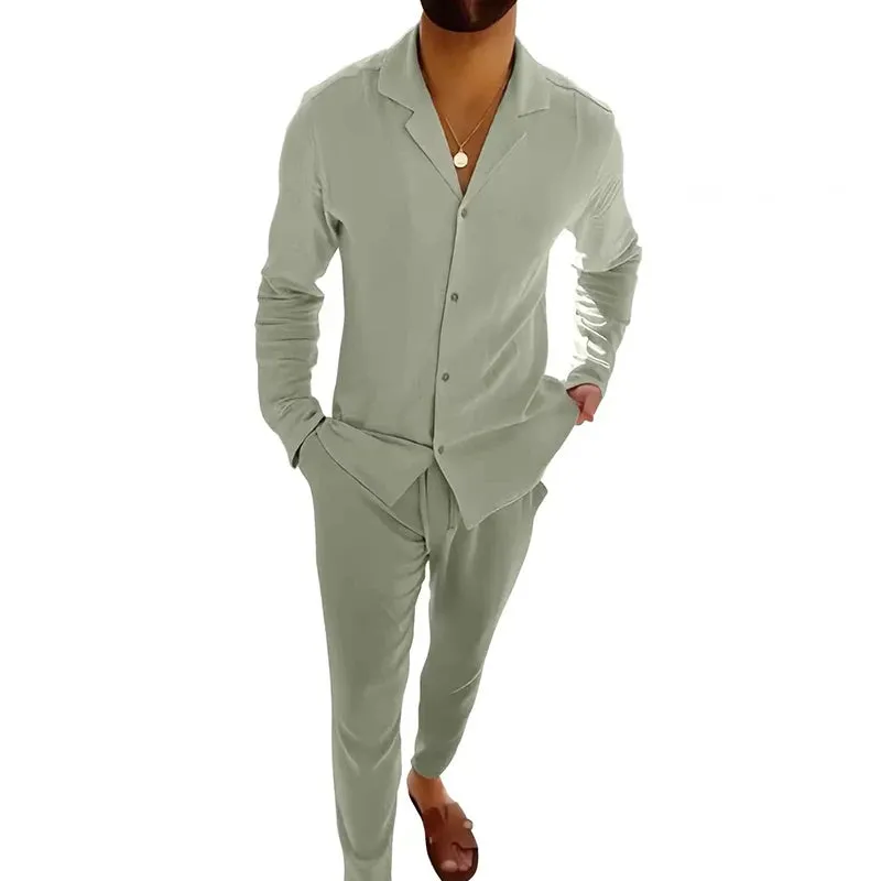 Vintage Charm Men's Cotton Lapel Ensemble – Long Sleeve Shirt and Pants Set for Timeless Casual Elegance