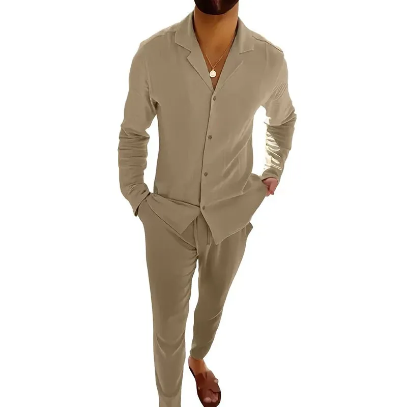 Vintage Charm Men's Cotton Lapel Ensemble – Long Sleeve Shirt and Pants Set for Timeless Casual Elegance