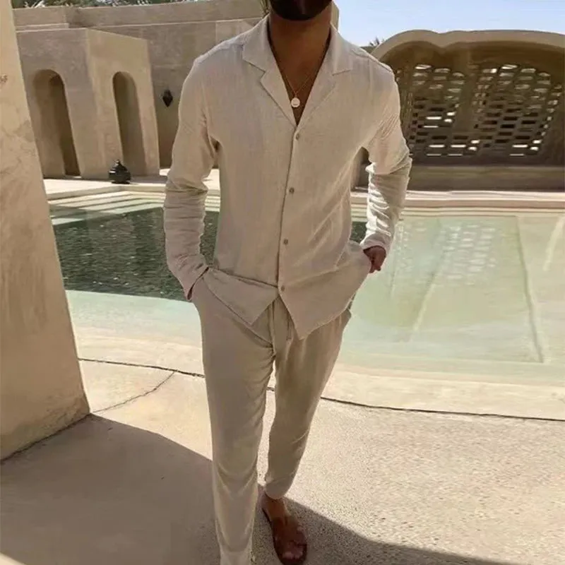 Vintage Charm Men's Cotton Lapel Ensemble – Long Sleeve Shirt and Pants Set for Timeless Casual Elegance
