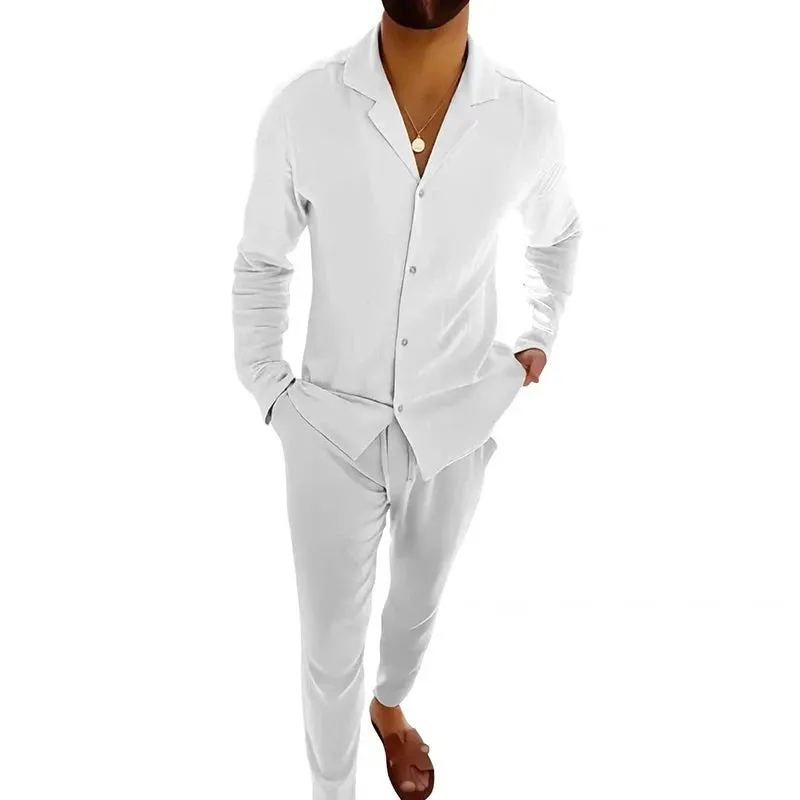 Vintage Charm Men's Cotton Lapel Ensemble – Long Sleeve Shirt and Pants Set for Timeless Casual Elegance