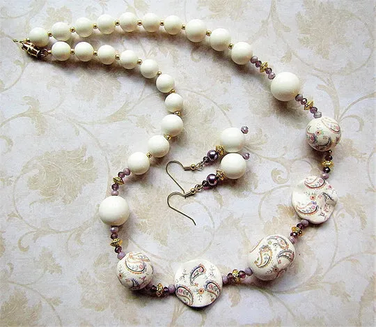 Vintage Ivory, Lilac and Gold Paisley Bead Necklace