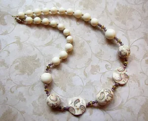 Vintage Ivory, Lilac and Gold Paisley Bead Necklace