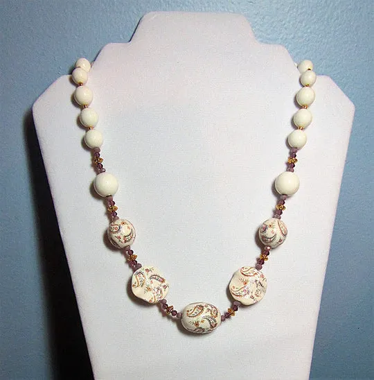 Vintage Ivory, Lilac and Gold Paisley Bead Necklace