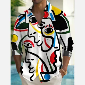 Vintage Men's Face Art Print Chest Pocket Stretch Long Sleeve Shirt Big Tall