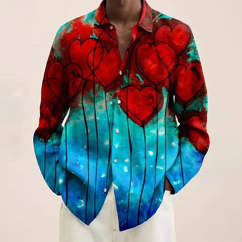 Vintage Valentine's Day Heart Print Casual Long Sleeve Shirt