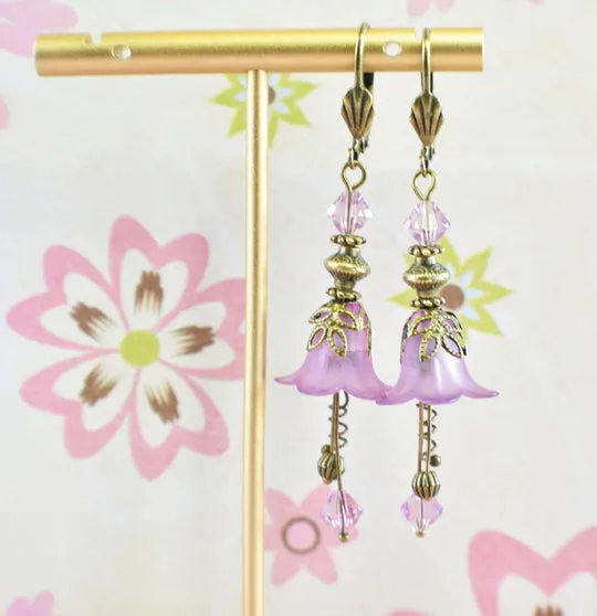 Vintage Victorian Style Lilac and Antique Bronze Bell Flower Lucite Earrings