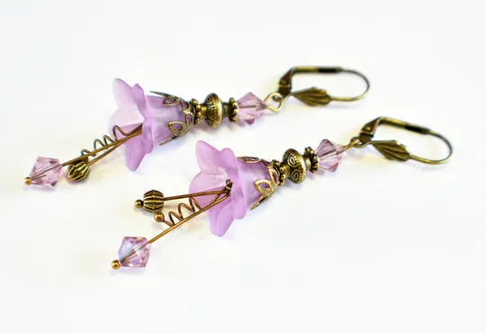 Vintage Victorian Style Lilac and Antique Bronze Bell Flower Lucite Earrings