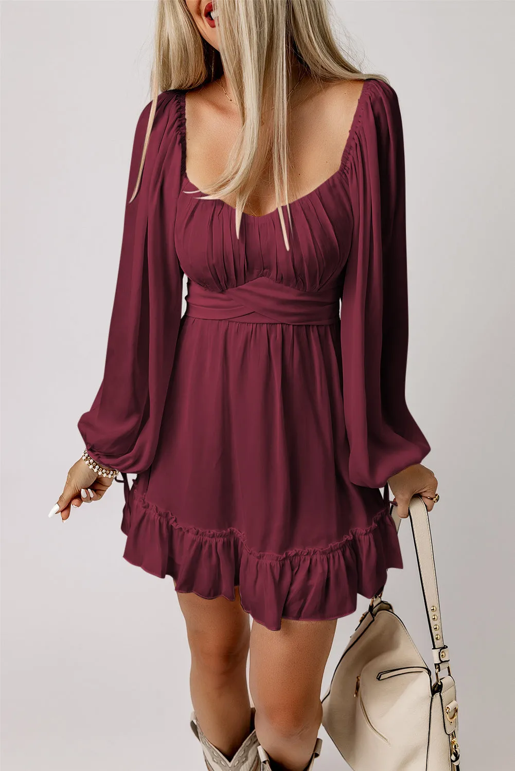Wine Red Plain Ruffled High Waist Square Neck A Line Mini Dress